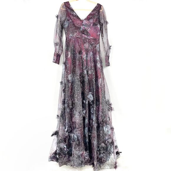 Marchesa Gown 3D Floral Purple Black Printed Organza Foiled Long Sleeve Sz 6 - Picture 10 of 13